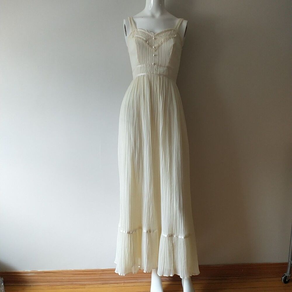 Vtg Maxi Dress XS Cream Sleeveless Milkmaid Cottagecore Union Made 70s*READ
